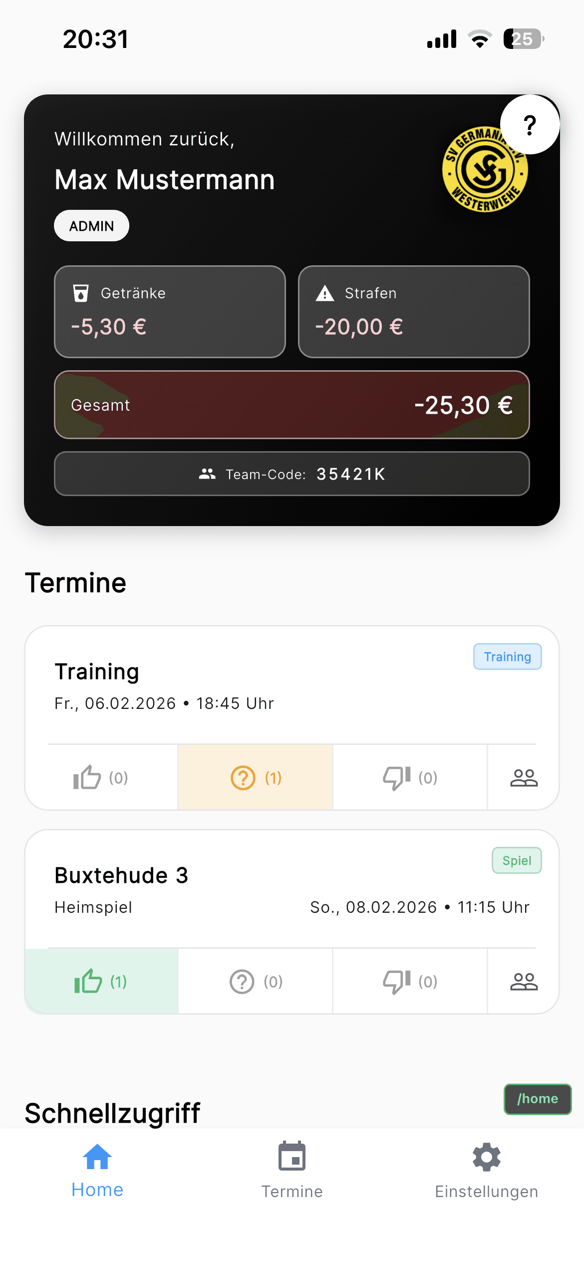 Teamverwaltung App Screenshot - Digitale Mannschaftsverwaltung 2